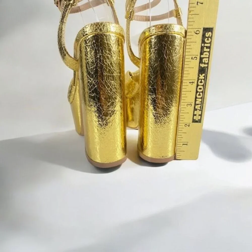 Lulus Bow Platform Ankle Strap Heels Gold Metallic Size 7M - Picture 7 of 13